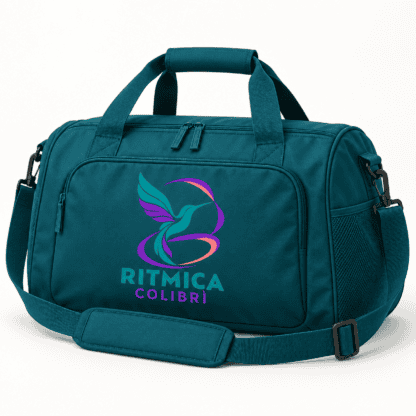 Mockup borsa sportiva verde petrolio con logo Ritmica Colibrì