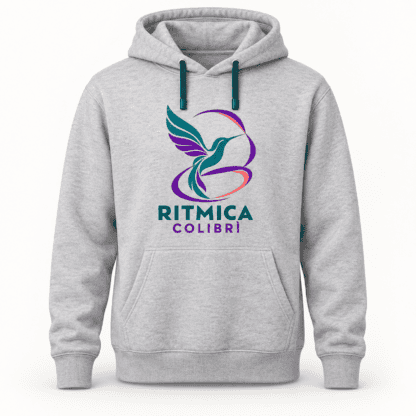 Mockup felpa grigia con cappuccio e logo Ritmica Colibrì
