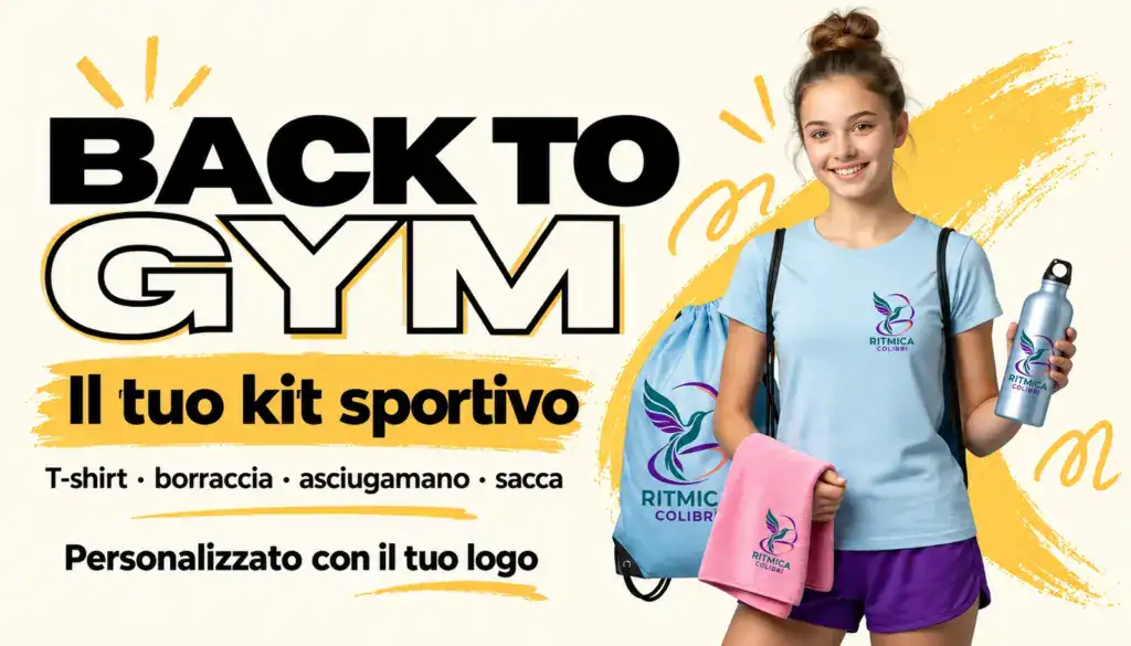 Back to Gym: T-shirt, borraccia, asciugamano e sacca personalizzati.